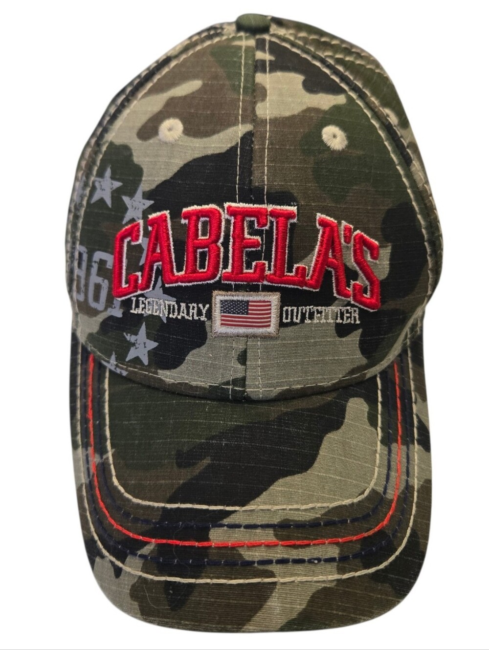 🧢 Cabela's Youth Camo Snapback Hat Legendary Outfitter American Flag Cap